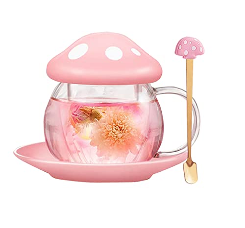 Rain House Glas-Teetasse, niedliche Pilztasse mit Pilzlöffel, Siebfilter, transparente Teekanne mit Keramikdeckel, Untersetzer, hitzebeständig für Zuhause und Büro, 290 ml (Rosa) von Entonic