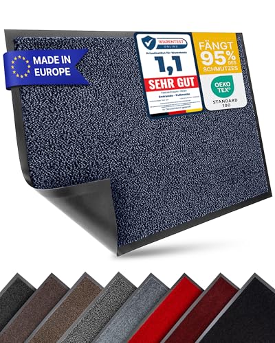 Entrando Fußmatte 90x120 cm - Blau Schwarz - rutschfest & waschbar - robuste Schmutzfangmatte für Innen & Außen - mit Gummirücken - für Flur, Eingangsbereich von Entrando
