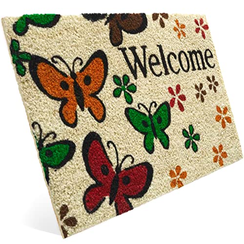 Entrando Kokos Fußmatte - 20 Stillvolle Designs - für die Haustür - innen, aussen, robust, wetterfest, rutschfest - auch als Türdeko, Einweihungsgeschenk - Schmetterlinge & Welcome, 40x60 cm von Entrando
