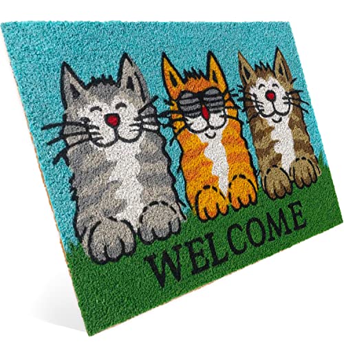 Entrando Fussmatte aus Kokos 40x60 cm - 20 Stillvolle Motiven - für außen, robust, rutschfest - ideal für überdachte Haustür (Grinsende Katzen & Welcome) von Entrando