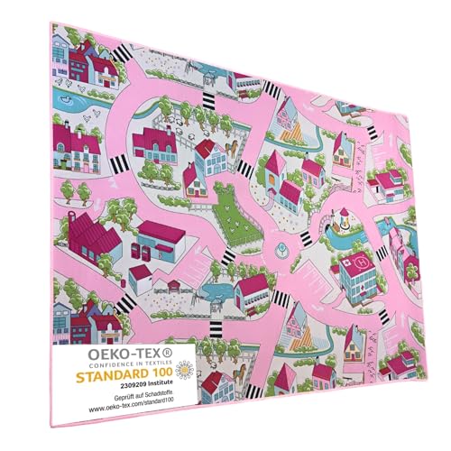 Entrando Spielteppich Rosa Stadt 100x150 cm - Kinder Teppich mit Straßenmotiv für Mädchen - rutschfest & maschinenwaschbar - Auto Teppich fürs Kinderzimmer - weich & schadstofffrei von Entrando