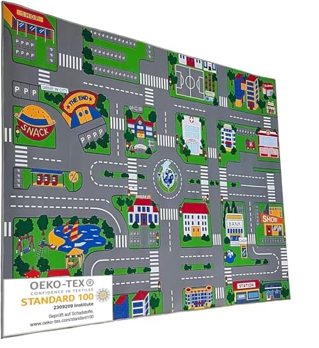 Entrando Spielteppich Straße 100x150 cm - Auto Teppich für Kinderzimmer mit Straßen & Häusern - Rutschfester Kinder Teppich schadstofffrei - ideal für kleine Autofans & Kleinkinder von Entrando