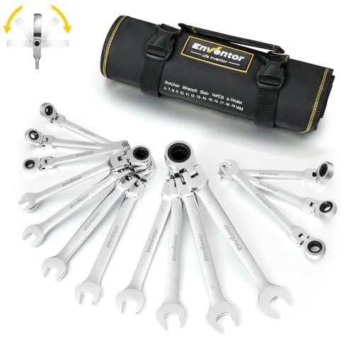 Enventor Schraubenschlüssel-Ratschenset, 14-teilig, 6-19mm, Ringmaulschlüssel, Gabelschlüssel-Ringmaul-Schlüssel-Set, 72 Zähne, 5° Schwenkbereich, Chrom-Vanadium-Stahl, Oxford-Tasche von Enventor