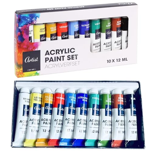 Envenzo Acrylfarbe für Kinder, Kunst und Handwerk, Malerei für Jungen und Mädchen, Malset für Kinder und Erwachsene, tragbar, 10 Farbtuben x 12 ml, Set für Künstler Envenzo Acrylfarbe für Kinder, Kunst und Handwerk, Malerei für Jungen und Mädchen, Malset für Kinder und Erwachsene, tragbar, 10 Farbtuben x 12 ml, Set für Künstler von Envenzo