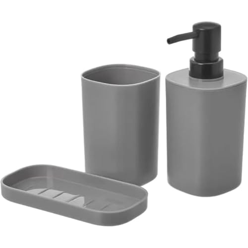 Envenzo Badezimmer-Set, 3-teilig, Seifenspender, Zahnbürstenhalter, Tasse, Seifenschale, Set mit 3 Badezimmer-Accessoires, Badezimmer-Dekoration in PP, modernes und praktisches Design (grau) von Envenzo