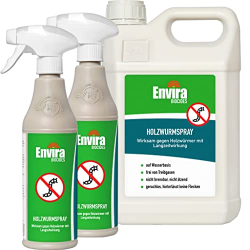 Envira Holzwurm-Spray - Holzwurm Ex Gegen Holzschädigende Insekten Mit Langzeitschutz - Auf Wasserbasis -5Ltr+2x500ml von Envira