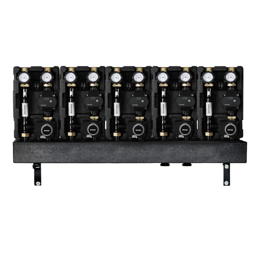 ENVIRON- 5er Modulverteilergruppe 5 Pumpengruppen auf Verteilerbalken [gemischt/ungemischt wählbar] | 3 Wege Mischer Stellmotor DN25 Umwälzpumpe Heizung (1x gemischt 4x ungemischt | Pumpen 180mm) von Environ