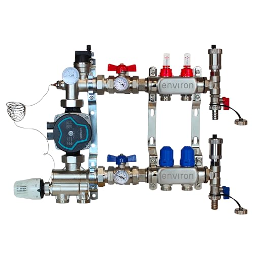 ENVIRON- Heizkreisverteiler [2-12 Heizkreise] mit Festwertregelset, Kugelhahn Set und Schnellentlüfter Set | Hocheffizienzpumpe (Umwälzpumpe: Environ Ecostar 25/6, 2 Heizkreise) von Environ