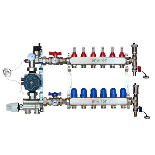 ENVIRON- Heizkreisverteiler [2-12 Heizkreise] mit Festwertregelset, Kugelhahn Set und Schnellentlüfter Set | Hocheffizienzpumpe (Umwälzpumpe: Environ Ecostar 25/6, 6 Heizkreise) von Environ