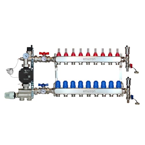 ENVIRON- Heizkreisverteiler [2-12 Heizkreise] mit Festwertregelset, Kugelhahn Set und Schnellentlüfter Set | Hocheffizienzpumpe (Umwälzpumpe: Grundfos UPM3 S Auto 25/6, 9 Heizkreise) von Environ