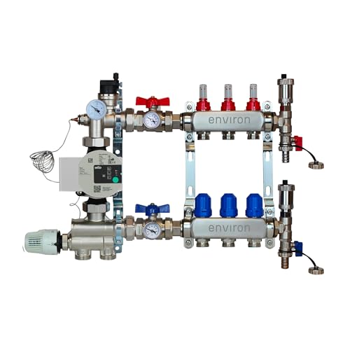 ENVIRON- Heizkreisverteiler [2-12 Heizkreise] mit Festwertregelset, Kugelhahn Set und Schnellentlüfter Set | Hocheffizienzpumpe (Umwälzpumpe: Wilo Para 25/6, 3 Heizkreise) von Environ