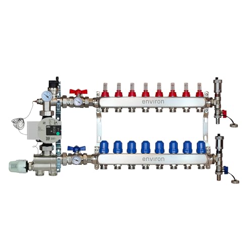 ENVIRON- Heizkreisverteiler [2-12 Heizkreise] mit Festwertregelset, Kugelhahn Set und Schnellentlüfter Set | Hocheffizienzpumpe (Umwälzpumpe: Wilo Para 25/6, 8 Heizkreise) von Environ