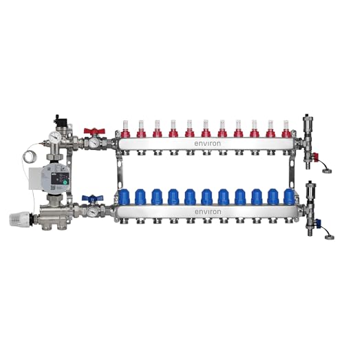 ENVIRON- Heizkreisverteiler [2-12 Heizkreise] mit Festwertregelset, Kugelhahn Set und Schnellentlüfter Set | Hocheffizienzpumpe (Wilo Para 25/6, 11 Heizkreise) von Environ