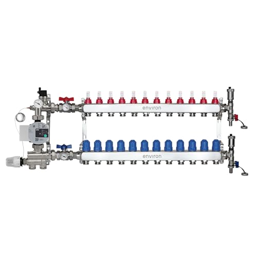 ENVIRON- Heizkreisverteiler [2-12 Heizkreise] mit Festwertregelset, Kugelhahn Set und Schnellentlüfter Set | Hocheffizienzpumpe (Wilo Para STG 25/8, 12 Heizkreise) von Environ