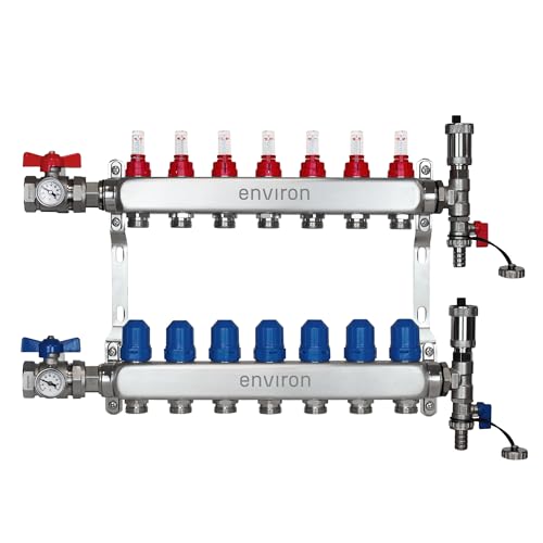 ENVIRON- Heizkreisverteiler [2-12 Heizkreise] mit Kugelhahn Set und Schnellentlüfter Set | Fußbodenheizung Heizung (7 Heizkreise) von Environ