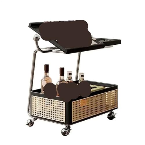 EnxJire Beistelltisch Beistelltisch aus Massivholz, Abnehmbarer Stauraum, Rollwagen, Aufbewahrungsregal for Wohnzimmersofas, einfacher Esswagen aus Rattan(A-Black) von EnxJire