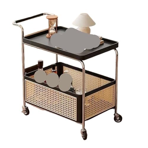 EnxJire Beistelltisch Beistelltisch aus Massivholz, Abnehmbarer Stauraum, Rollwagen, Aufbewahrungsregal for Wohnzimmersofas, einfacher Esswagen aus Rattan(B-Black) von EnxJire