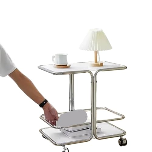 EnxJire Beistelltisch Wohnzimmer-Couchtisch aus Glas, Retro-Metall-Aufbewahrungssofa, Beistelltisch, Abnehmbarer Glaswagen, Nachttisch-Aufbewahrungsregalwagen(White) von EnxJire