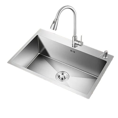 Küchenspüle aus Edelstahl Edelstahl-Küchenspüle über der Theke, Unterbau-Einzelwaschbecken mit Wasserhahn-Ablaufzubehör(50X40cm-F3) von EnxJire