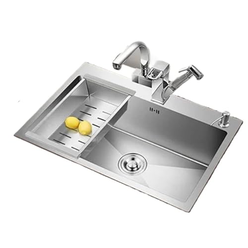 Küchenspüle aus Edelstahl Edelstahl-Küchenspüle über der Theke, Unterbau-Einzelwaschbecken mit Wasserhahn-Ablaufzubehör(55X45cm-C5) von EnxJire