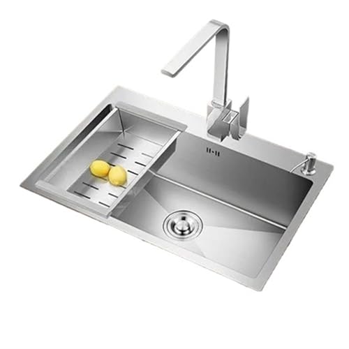 Küchenspüle aus Edelstahl Edelstahl-Küchenspüle über der Theke, Unterbau-Einzelwaschbecken mit Wasserhahn-Ablaufzubehör(68X45cm-E2) von EnxJire