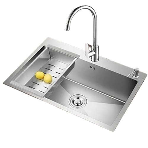 Küchenspüle aus Edelstahl Edelstahl-Küchenspüle über der Theke, Unterbau-Einzelwaschbecken mit Wasserhahn-Ablaufzubehör(72X45cm-G1) von EnxJire