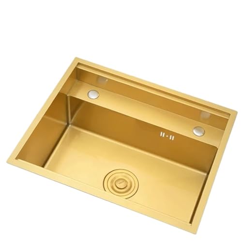 Küchenspüle aus Edelstahl Gold Nanometer Doppelte Abdeckung, versteckte Küchenspüle, Edelstahl SUS 304, 3 Löcher, handgefertigt, einzelne große Küchenspülen(55X45-A-set) von EnxJire