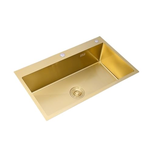 Küchenspüle aus Edelstahl Goldene Küchenspüle über der Theke oder unter dem Unterbau, 304 Edelstahl, einzelne Schüssel, goldener Korb, Abtropffläche, Seifenspender, Waschbecken(60x45cm D) von EnxJire
