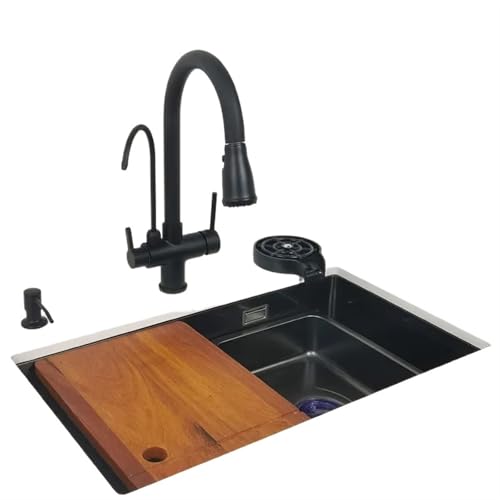 Küchenspüle aus Edelstahl Mattschwarze Küchenspüle über oder unter dem Nano-Waschbecken mit Schneidebrett, Unterlegscheibe, Spülbecken aus 304-Edelstahl(68x40 F) von EnxJire