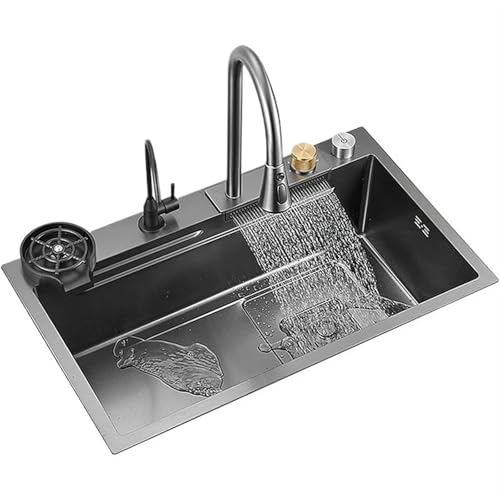 Küchenspüle aus Edelstahl Multifunktions-Schwarz-Nano-Küchenspüle, Wasserfall-Wasserhahn, große Einzelschüssel, Tassenwascher, reiner Wasserhahn, Seifenspender, 304 Edelstahl(G4-80x45cm) von EnxJire