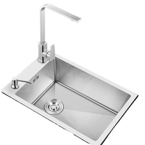 Küchenspüle aus Edelstahl Silbernes 304-Edelstahl-Küchenspülbecken-Waschbecken, Einzelschlitzschüssel, Aufsatz-Unterbau-Küchenspüle-Wasserhahn-Abfluss in mehreren Größen(A3-48x35cm) von EnxJire