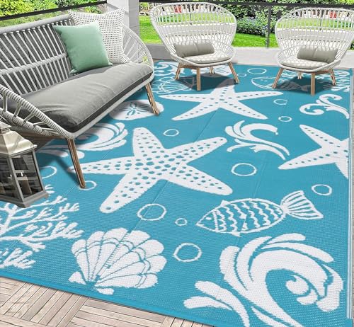 Enyhom 150 x 240 cm Outdoor Teppich, Farbecht Flachgewebe Picknickdecke Strapazierfähiger Wendbarer Kunststoff Balkonteppich Recycelter RV Camping Außenteppich für Terrasse Garten Eingang, Türkis von Enyhom