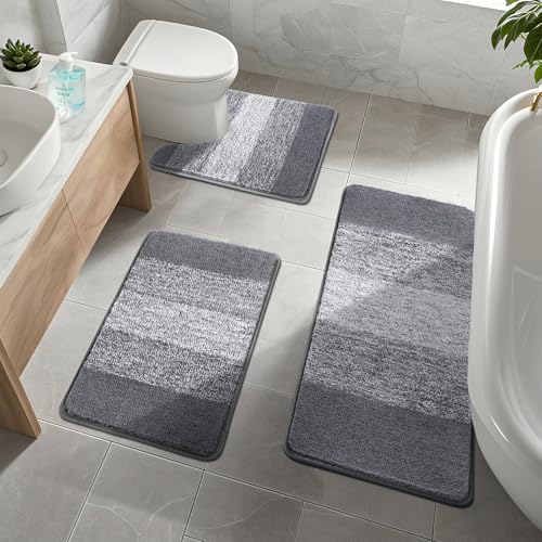 Enyhom 3-teiliges Mikrofaser-Badvorleger-Set, rutschfeste Badematten und WC-Vorleger für Badezimmer, waschbar, saugfähig, Badezimmerteppich, WC-Vorleger, dunkelgrau von Enyhom