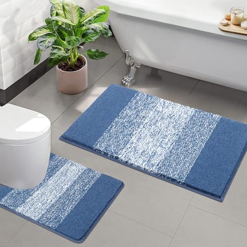 Enyhom Badteppich Set 2 Teilig Weich Hochflor Duschteppich Badematte Toilettenmatte Maschinenwaschbar rutschfeste wc Teppich Set Badvorleger Badezimmerteppich (Blau, 50 x 80 + 50 x 60 cm) von Enyhom