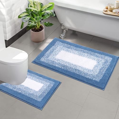 Enyhom Badteppich Set 2 Teilig Weich Hochflor Duschteppich Badematte Toilettenmatte Maschinenwaschbar rutschfeste wc Teppich Set Badvorleger Badezimmerteppich (Blau, 50 x 80 + 50 x 60 cm) von Enyhom