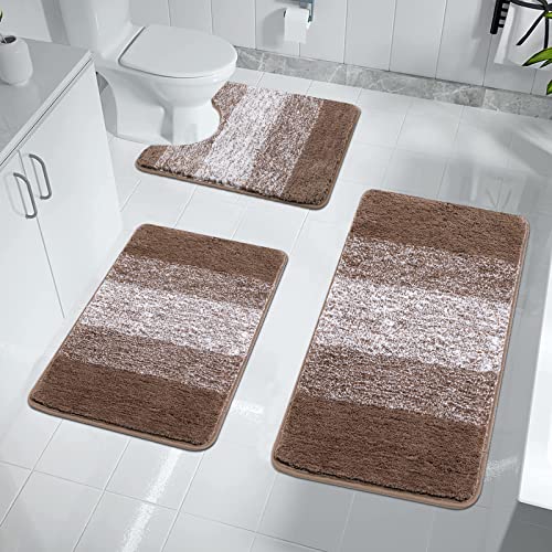 Enyhom Badteppich Set 3 Teilig Weich Hochflor Duschteppich Badematte Toilettenmatte Maschinenwaschbar rutschfeste wc Teppich Set Badvorleger Badezimmerteppich, Braun von Enyhom