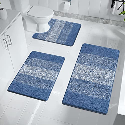 Enyhom Badteppich Set 3 Teilig Weich Hochflor Duschteppich Badematte Toilettenmatte Maschinenwaschbar rutschfeste wc Teppich Set Badvorleger Badezimmerteppich, Blau von Enyhom