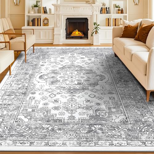 Enyhom Boho Großer Teppich, 180 x 270cm Wohnzimmer Teppich rutschfest Waschbar Vintage Teppiche Weich Kurzflorteppich für Schlafzimmer Küche Esszimmer, Grau von Enyhom