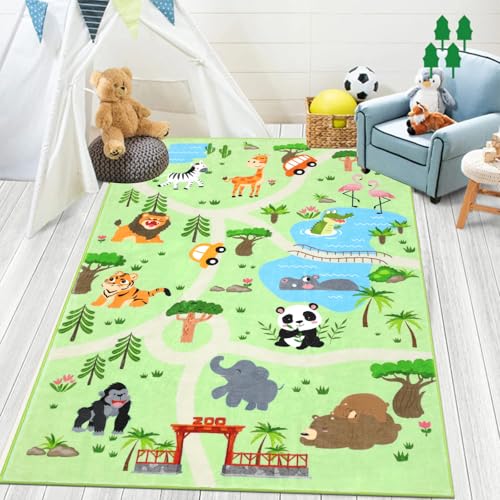 Enyhom Dicker Spielteppich Kinderteppich Ultraweiche rutschfest Spielmatte Waschbar Zoo Tiere Kinderteppich für Mädchen Jungen,Straßenteppich, 100 x 150 cm von Enyhom