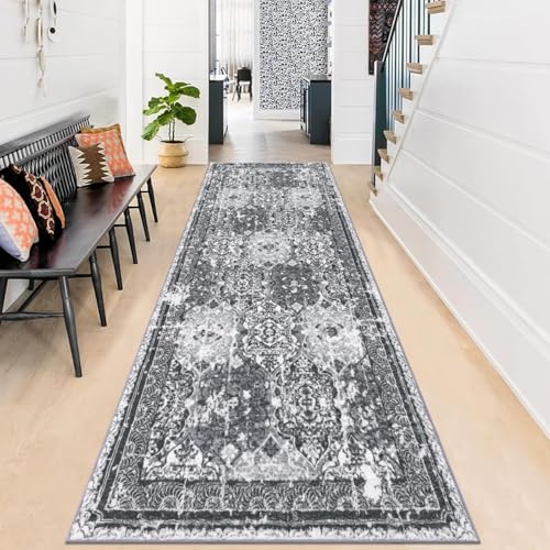 Enyhom Teppich Läufer Kurzflor Langer Vintage Boho Küchenläufer rutschfest Läufer Flur Waschbar Flauschig Weich Teppich Flur für Eingang Wohnzimmer, Dunkelgrau, 80 x 200 cm Enyhom Teppich Läufer Kurzflor Langer Vintage Boho Küchenläufer rutschfest Läufer Flur Waschbar Flauschig Weich Teppich Flur für Eingang Wohnzimmer, Dunkelgrau, 80 x 200 cm von Enyhom