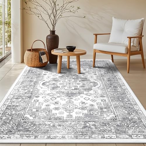 Enyhom Teppich Wohnzimmer 120 x 180 cm Schlafzimmer Teppich, Großer Waschbarer Kurzflorteppich Vintage Bohemian rutschfest Teppiche Flauschig für Esszimmer Büro Küchen, Grau von Enyhom