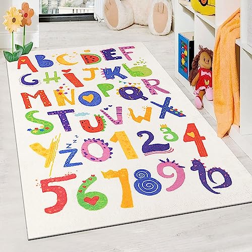 Enyhom Kinderzimmerteppich Flauschiger Weicher Spielteppich, Alphabet und Zahl Muster Lernteppich, Antirutsch Waschbar Kinderteppich für Junge Mädchen, Pflegeleicht, Grösse: 90 x 150 cm von Enyhom