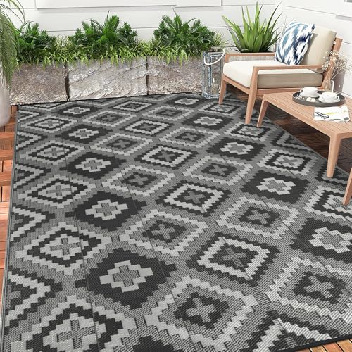 Enyhom Outdoor Teppich 150 x 240 cm, Wendbarer UV-beständige Campingmatte, Recycelter Kunststoff Balkon Teppich, Strapazierfähiger Flachgewebe Picknickdecke für Terrasse RV Camping, Schwarz Grau von Enyhom