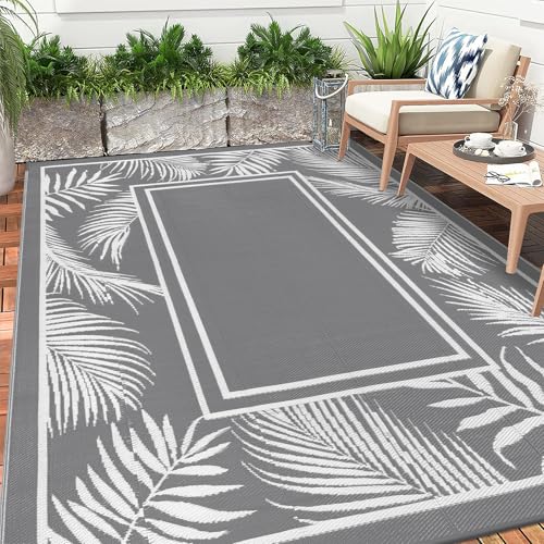 Enyhom Outdoor Teppich Wetterfest, 180x270 cm Grau Wendbarer Balkon Camping Teppich Leichtgewicht Picknickdecke Kunststoff Terrasse Matte UV-beständige Wasserdichter Garten RV für Strand von Enyhom