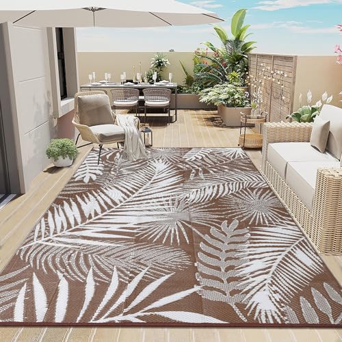Enyhom Outdoor Teppich Wetterfest Kunststoff Groß 180 x 270 cm RV Camping Außenteppich Wendbarer Outdoorteppich mit Blatt Balkon Garten Teppich Terrassenteppich für Strand, Patio, BBQ, Braun von Enyhom