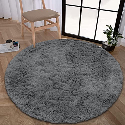 Enyhom Rund Hochflor Fluffy Teppich Plüsch Wohnzimmer Dicker Teppich Waschbar Samt Shag Teppich rutschfeste Weich Großen Teppiche für Sofa Schlafzimmer Bettvorleger Dekoration, 120 cm Grau von Enyhom