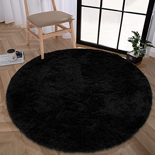 Enyhom Rund Hochflor Fluffy Teppich Plüsch Wohnzimmer Dicker Teppich Waschbar Samt Shag Teppich rutschfeste Weich Großen Teppiche für Sofa Schlafzimmer Bettvorleger Dekoration, 120cm Schwarz von Enyhom