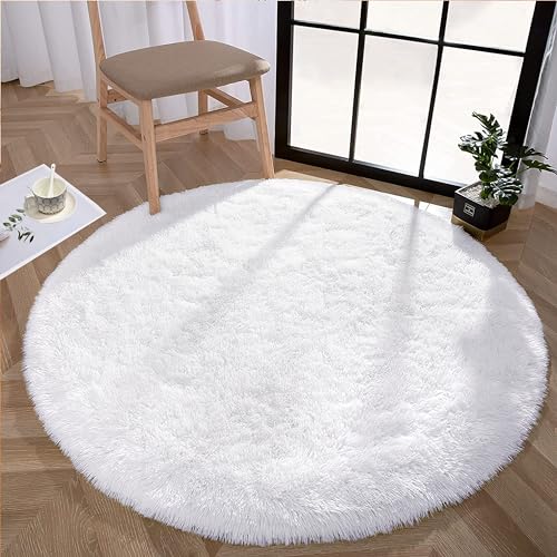 Enyhom Rund Hochflor Fluffy Teppich Plüsch Wohnzimmer Dicker Teppich Waschbar Samt Shag Teppich rutschfeste Weich Großen Teppiche für Sofa Schlafzimmer Bettvorleger Dekoration, 120cm Weiß von Enyhom