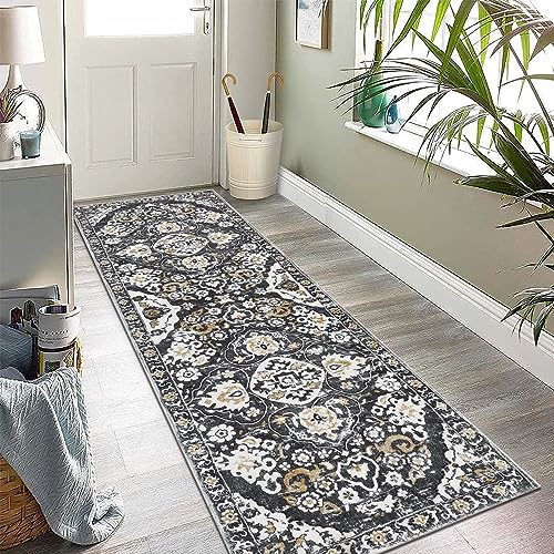 Enyhom Teppich Läufer Flur Küche 60 x 180 cm, Waschbar Flauschig Weich Läufer, Vintage Luxuriös rutschfeste Küchenläufer Hochwertig Kurzflor Fußmatte für Innen Außen Wohnzimmer Eingang von Enyhom