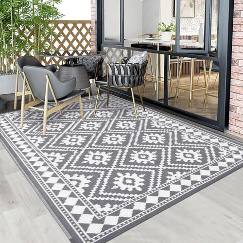 Enyhom Groß Außenteppich 120 x 180 cm, Robuster Flachgewebe Kunststoff Picknickdecke, Wendbarer UV-beständige Campingmatte, Wasserdicht Farbecht Balkonteppich für Outdoor RV Camping, Grau von Enyhom